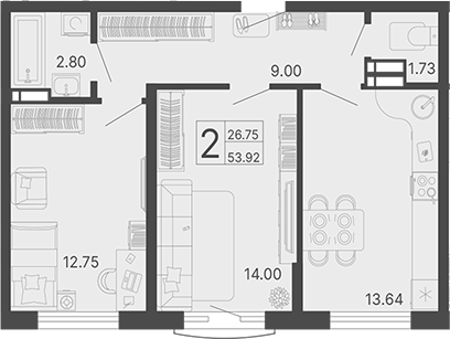 2-комн., 53.92 м², 8/19 этаж, ЖК «Светский лес»