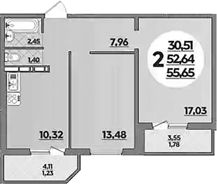 2-комн., 52.64 м², 1/16 этаж, ЖК «Восточный. Квартал №6»