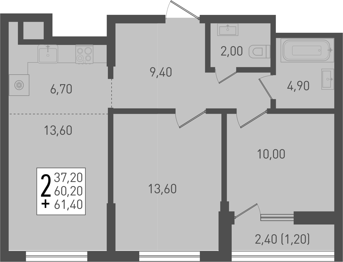 3-комн., 60.8 м², 1/8 этаж, ЖК «Югге»