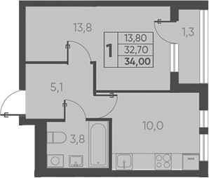 1-комн., 32.7 м², 11/15 этаж, ЖК «Барса»