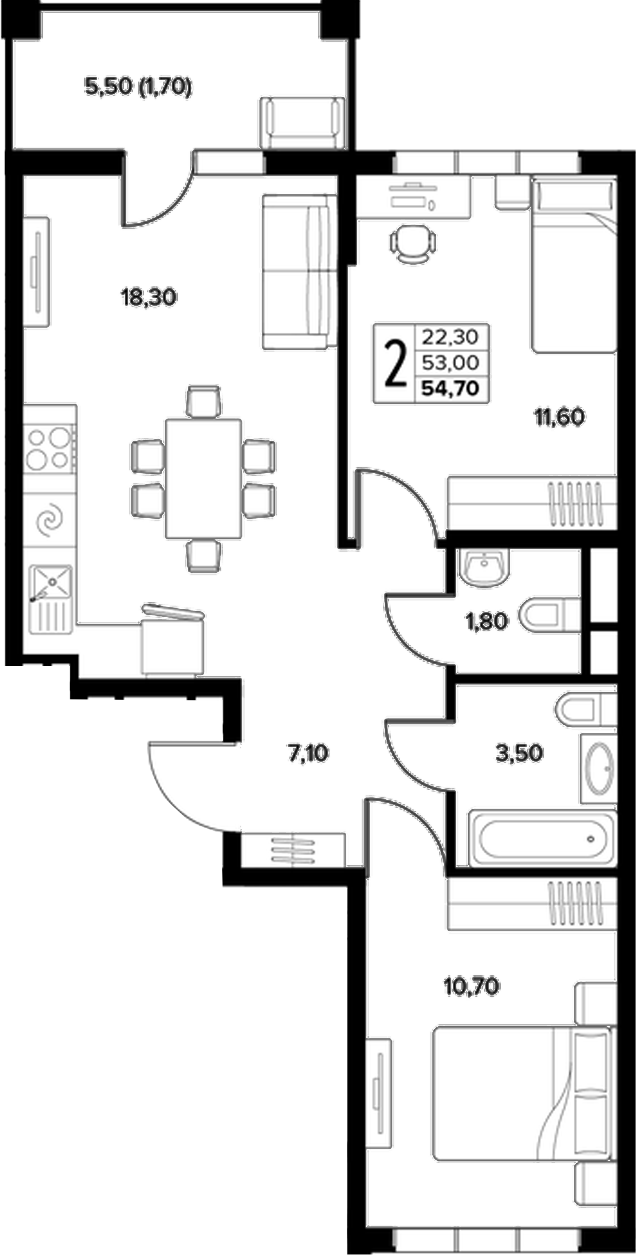 2-комн., 53 м², 2/8 этаж, ЖК «Кипарис»