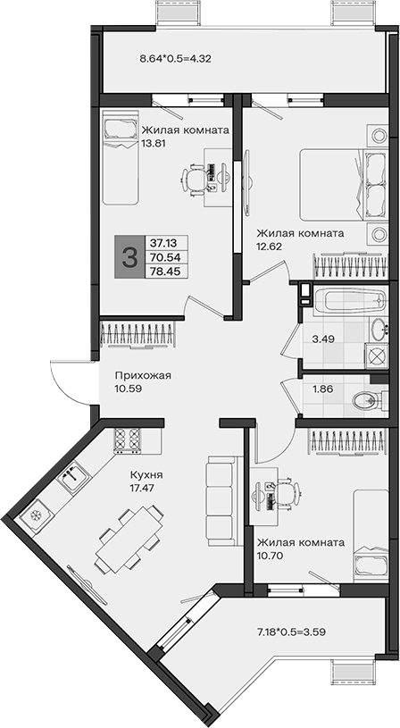 3-комн., 70.54 м², 5/8 этаж, ЖК «МОНО квартал»