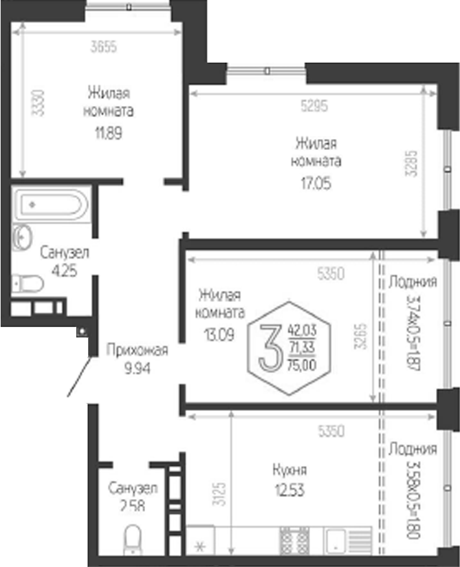 3-комн., 71.33 м², 3/16 этаж, ЖК «Гарантия PRIME»