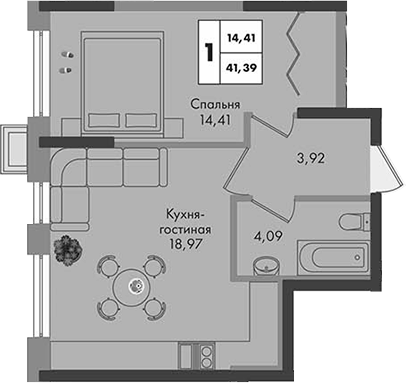 1-комн., 41.39 м², 5/9 этаж, ЖК «Зеленая территория»