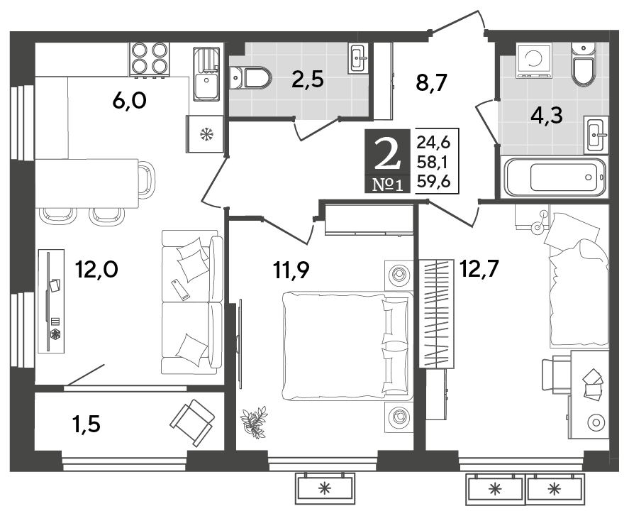 3-комн., 58.1 м², 2/9 этаж, ЖК «Порто-Ново»