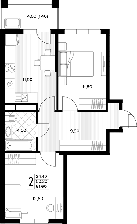 2-комн., 50.2 м², 7/7 этаж, ЖК «Кипарис»