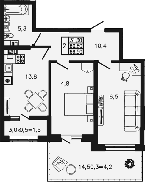 2-комн., 60.8 м², 1/4 этаж, ЖК «Экосфера»