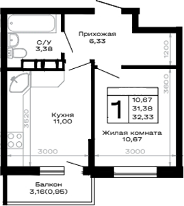 1-комн., 31.38 м², 9/16 этаж, ЖК «Горные высоты»