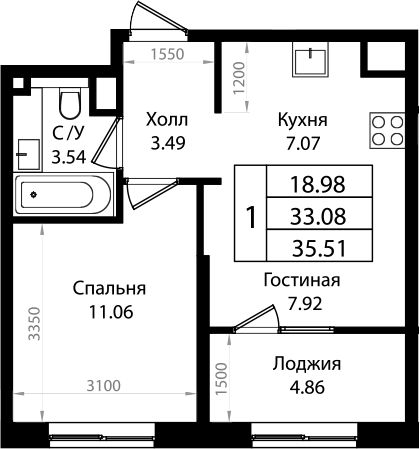 2-комн., 33.08 м², 2/9 этаж, ЖК «Патрики»