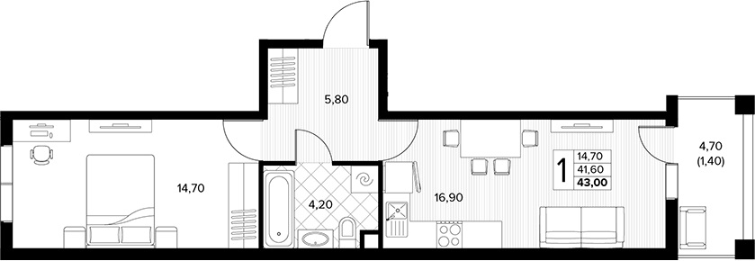1-комн., 41.6 м², 1/7 этаж, ЖК «Кипарис»