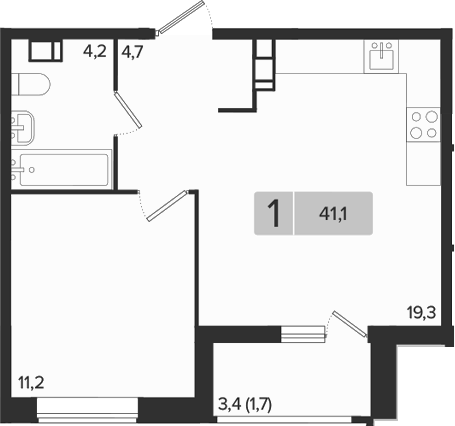 1-комн., 39.4 м², 4/9 этаж, ЖК «Эрмитаж»