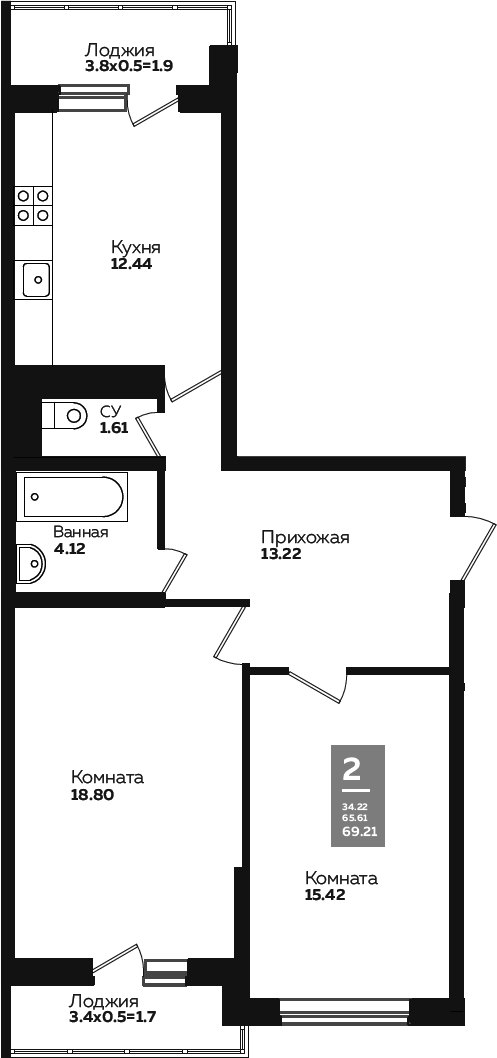 2-комн., 62 м², 8/24 этаж, ЖК «Левада»