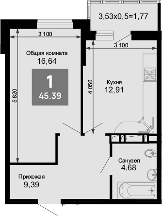 1-комн., 43.62 м², 15/15 этаж, ЖК «Лучший»