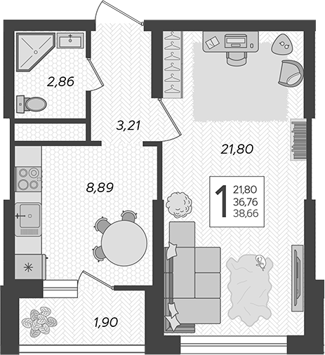 1-комн., 36.76 м², 6/19 этаж, ЖК «Кислород»