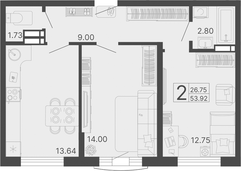 2-комн., 53.92 м², 4/13 этаж, ЖК «Светский лес»