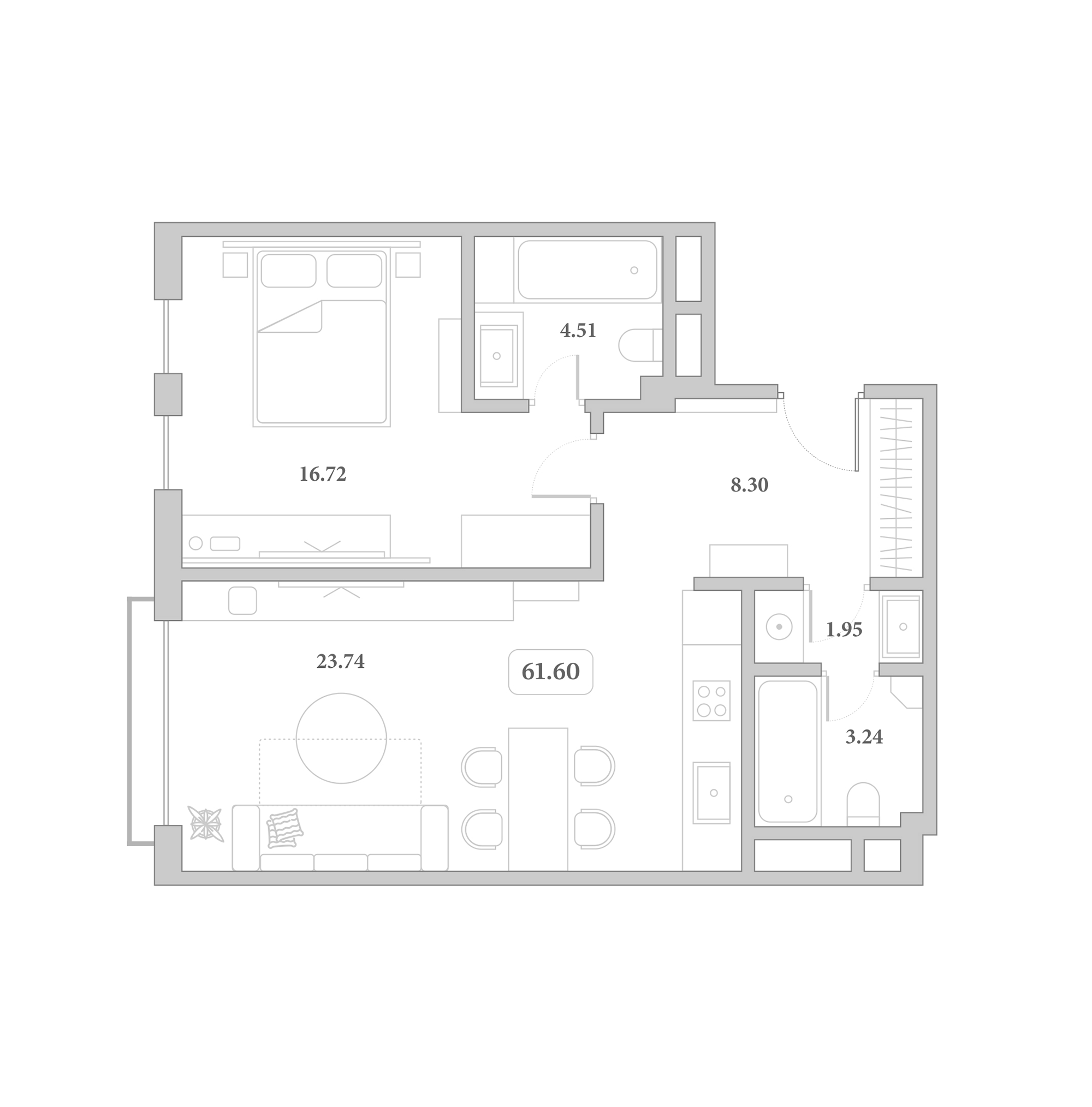 2-комн., 59.4 м², 5/7 этаж, ЖК «Граф Толстой»