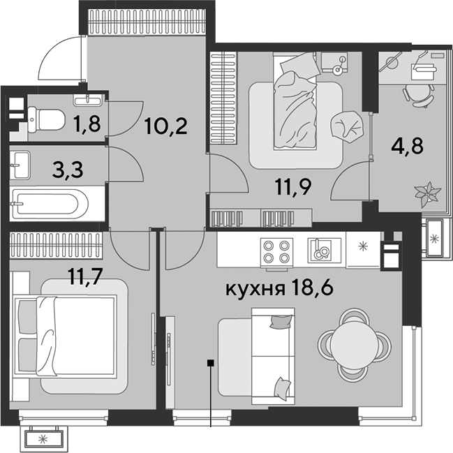 3-комн., 57.5 м², 8/9 этаж, ЖК «Парк Победы»