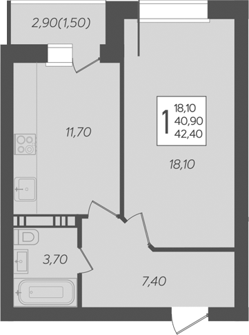 1-комн., 40.9 м², 3/6 этаж, ЖК «Ярославский»