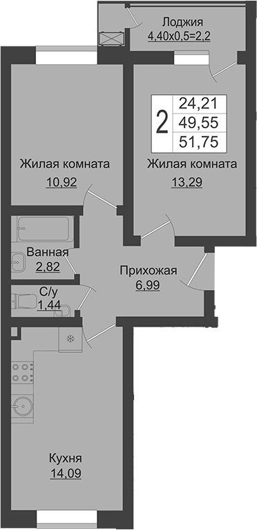 Продается 2-комн. квартира, 49.55 м²