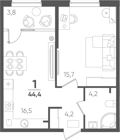 1-комн., 40.6 м², 2/18 этаж, ЖК «Барса»