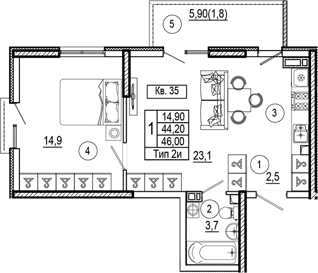Продается 1-комн. квартира, 44.2 м²