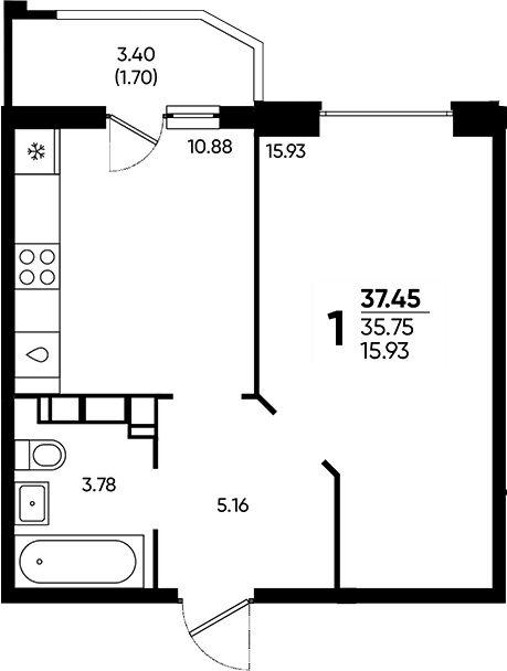 1-комн., 35.75 м², 19/20 этаж, ЖК «Достояние»