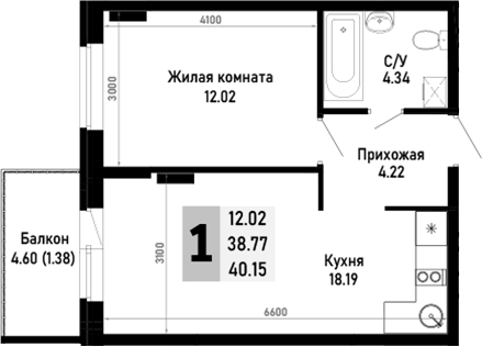 1-комн., 38.77 м², 4/4 этаж, ЖК «Усадьба Гостагаевская»