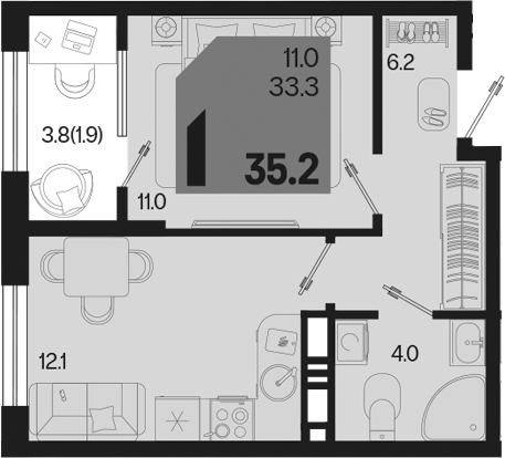 1-комн., 33.3 м², 16/18 этаж, ЖК «Первое место»