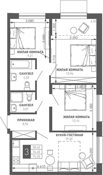 3-комн. Иначе в Молодежном