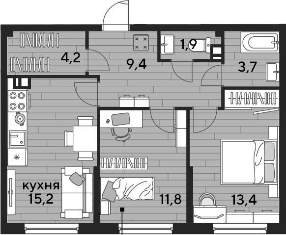 2-комн., 59.6 м², 7/16 этаж, ЖК «DОГМА ПАРК»