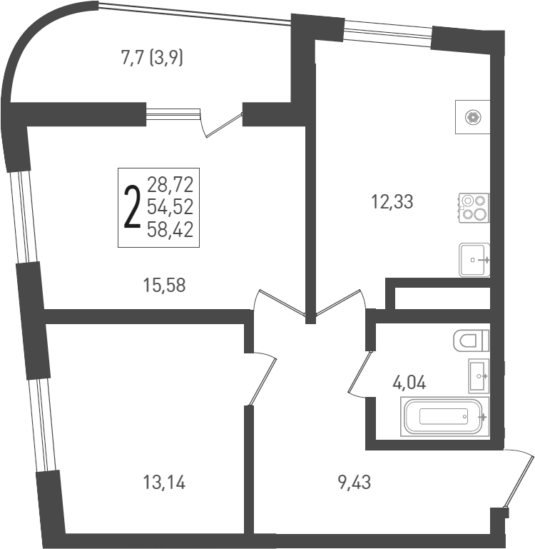 2-комн., 54.52 м², 23/24 этаж, ЖК «ЖК «Кубанская Крепость»»