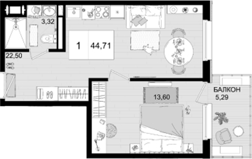 2-комн., 39.42 м², 6/8 этаж, ЖК «IT гостиничный комплекс Корсаков»