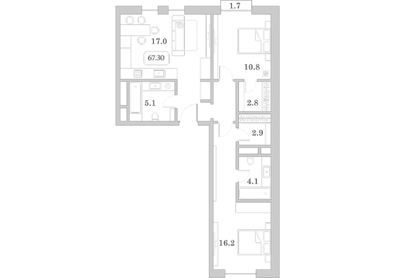 3-комн., 65.6 м², 5/7 этаж, ЖК «Граф Толстой»