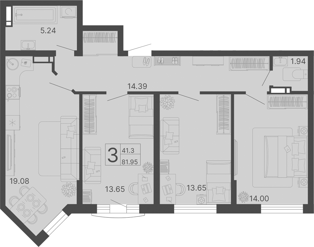 3-комн., 81.95 м², 12/14 этаж, ЖК «Светский лес»