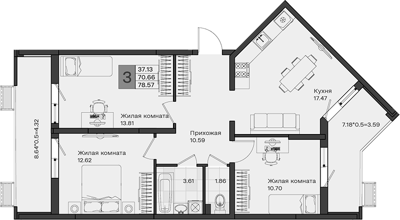 Продается 3-комн. квартира, 70.66 м²