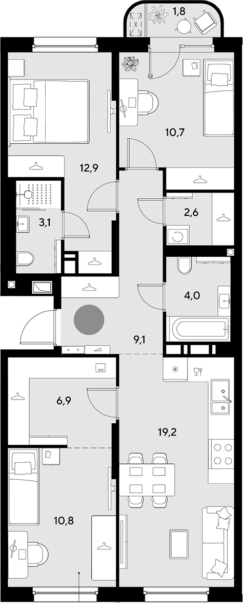 3-комн., 79.3 м², 3/9 этаж, ЖК «Грейд»