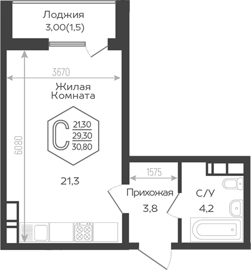 Студия, 27.9 м², 17/21 этаж, ЖК «Гарантия PRIME»