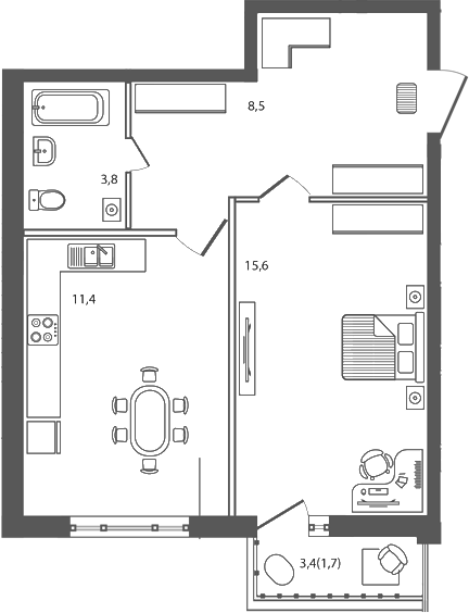 1-комн., 39.3 м², 2/9 этаж, ЖК «Сиреневый бульвар»