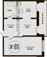 2-комн., 50.24 м², 19/24 этаж, ЖК «Гулливер»