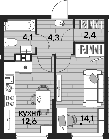 1-комн., 37.5 м², 8/16 этаж, ЖК «DОГМА ПАРК»