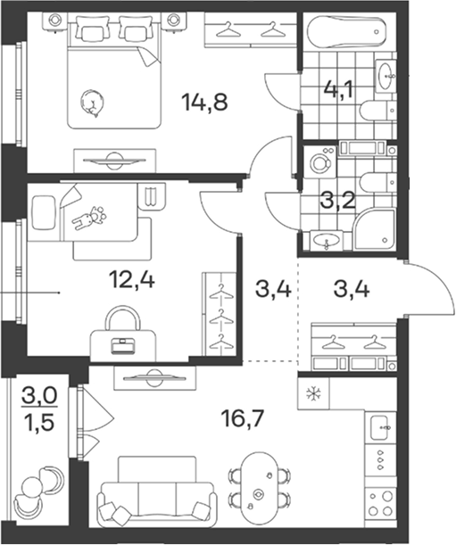 3-комн., 58 м², 5/6 этаж, ЖК «Символ. ГК Трест»