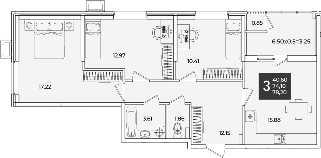 3-комн., 74.1 м², 2/18 этаж, ЖК «Образцово»