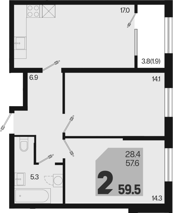 Продается 2-комн. квартира, 57.6 м²