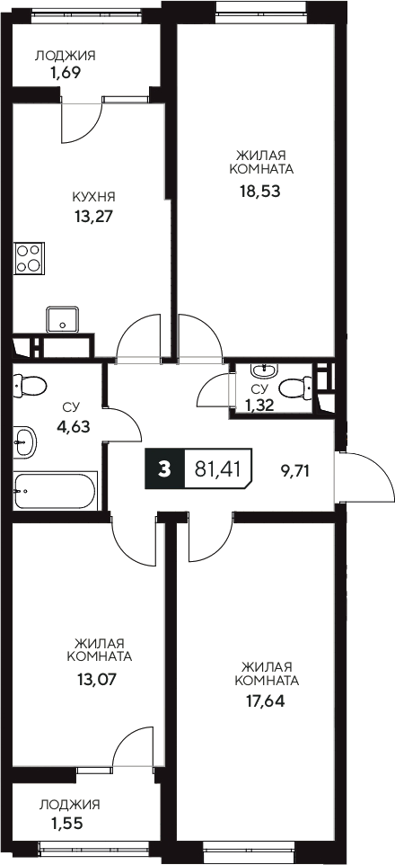 3-комн., 78.17 м², 5/20 этаж, ЖК «Центральный. Гамма»