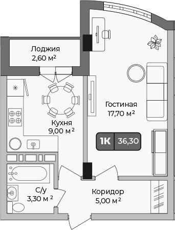 1-комн., 35 м², 5/9 этаж, ЖК «Опера»