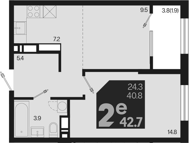 2-комн., 40.8 м², 6/18 этаж, ЖК «Первое место»