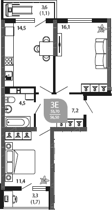 3-комн., 53.7 м², 13/23 этаж, ЖК «Облака»
