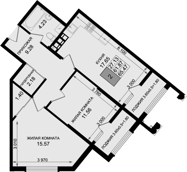 2-комн., 61.87 м², 6/8 этаж, ЖК «Резиденция морей»