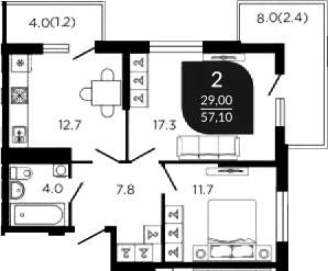 2-комн., 55 м², 9/22 этаж, ЖК «Отражение»