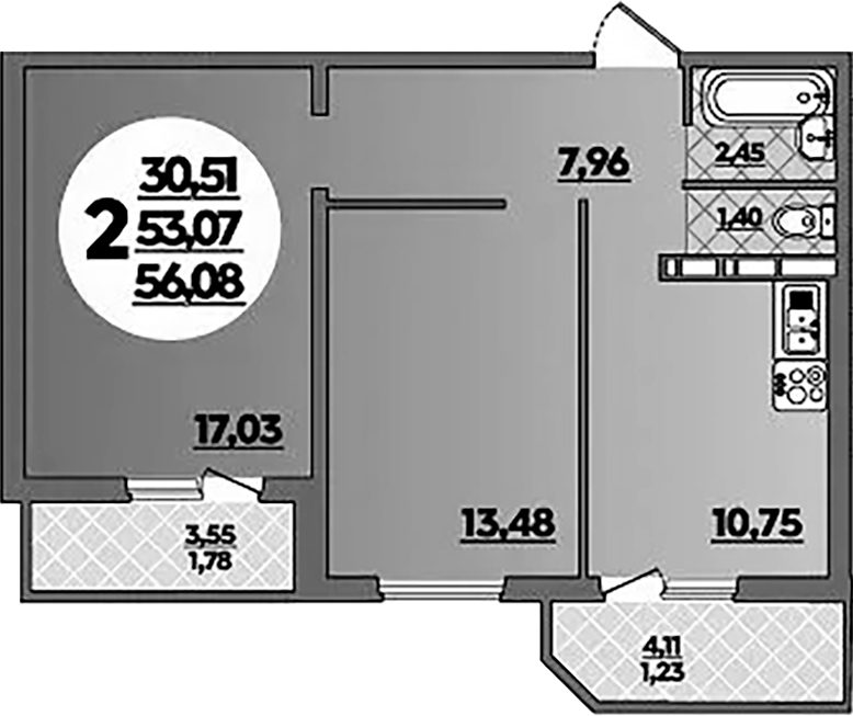 2-комн., 53.07 м², 15/16 этаж, ЖК «Восточный. Квартал №6»